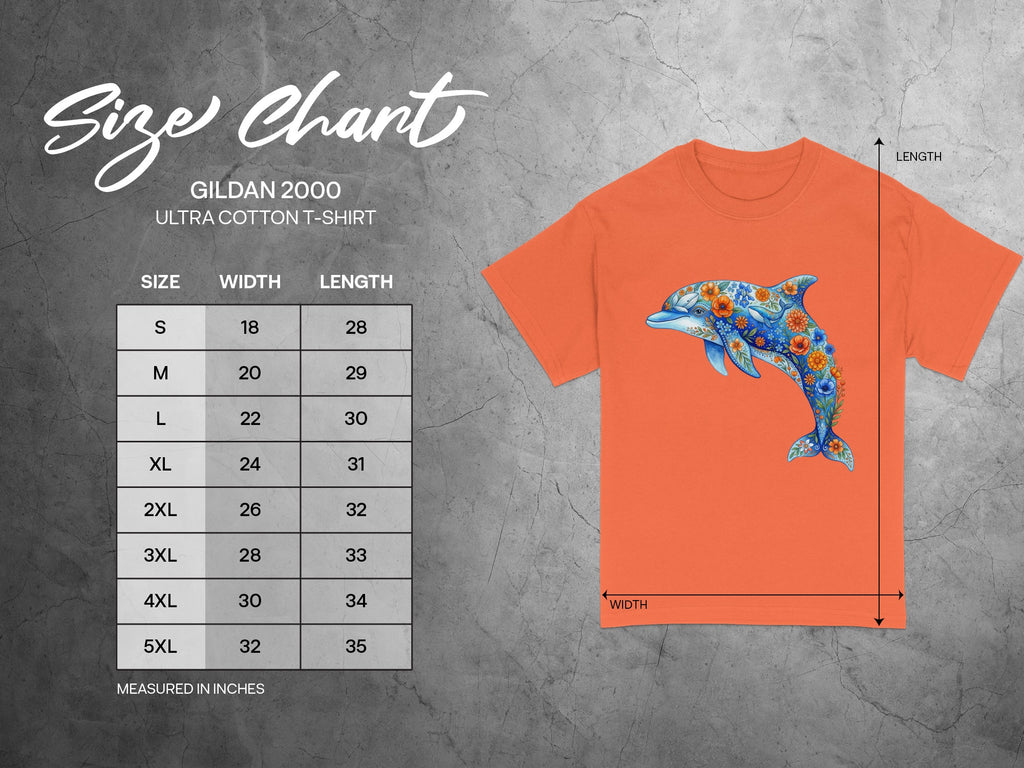 Gildan 2000 t-shirt size chart with measurements in inches and an orange shirt with a dolphin graphic.