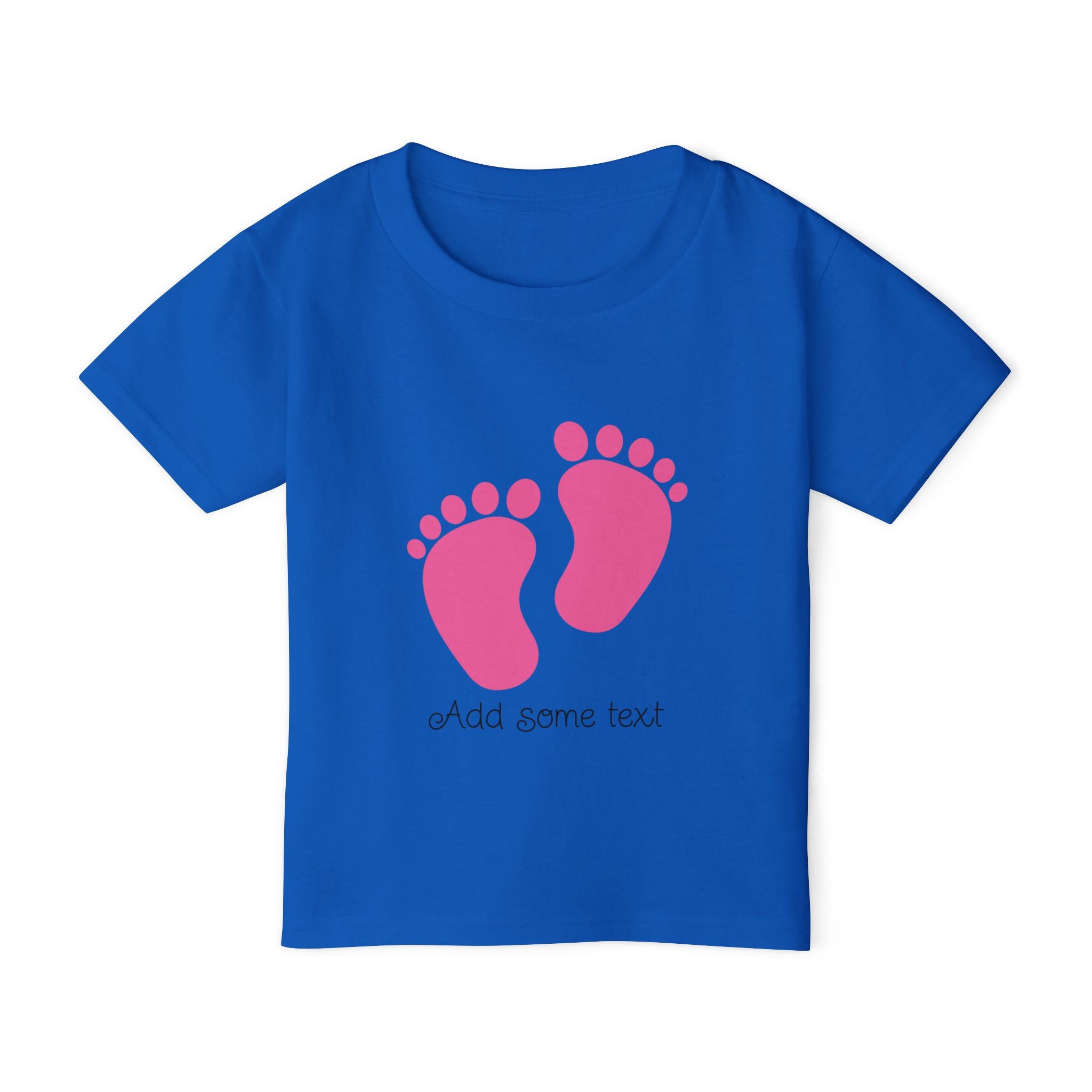 Royal blue t-shirt with pink baby footprints and "Add some text"