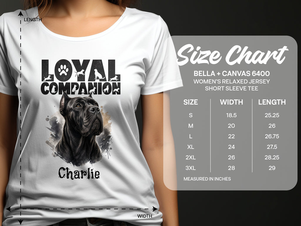White Bella + Canvas t-shirt with a black dog graphic and size chart.