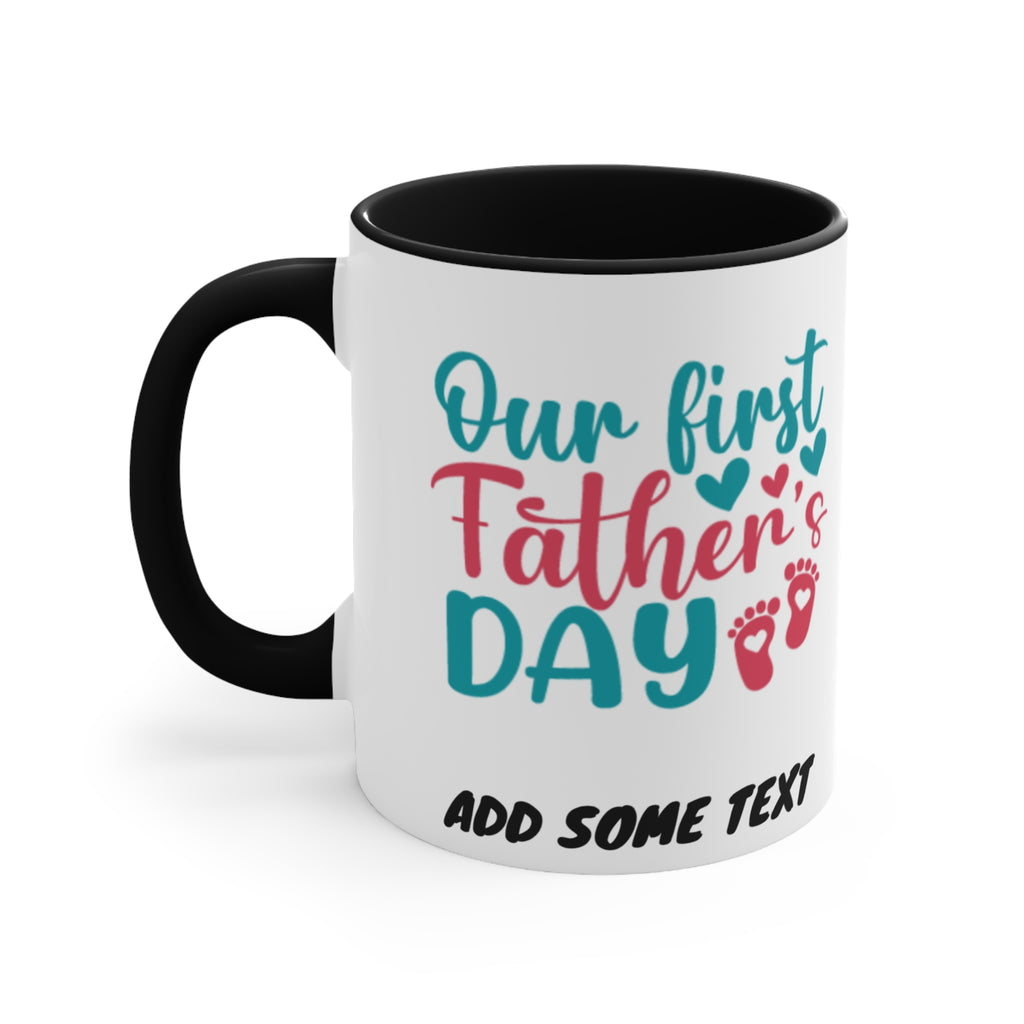 Mug with "Our first Father's Day" text and baby footprints.