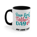 Mug with "Our first Father's Day" text and baby footprints.