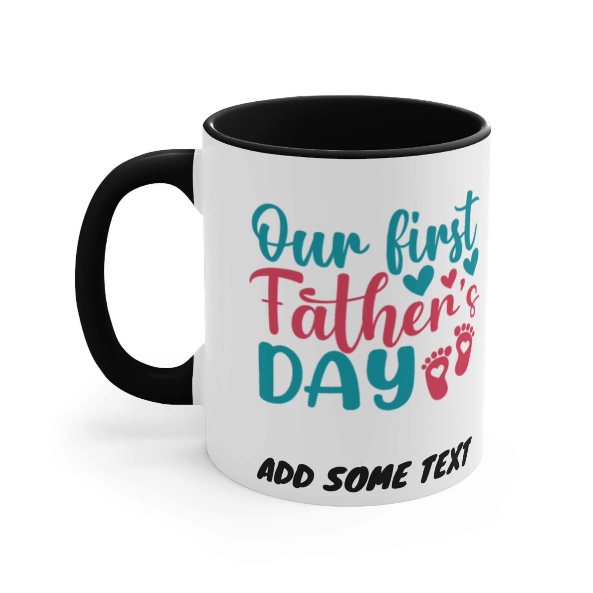 Mug with "Our first Father's Day" text and baby footprints.