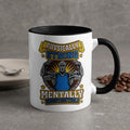 White mug with black rim, featuring "Physically Strong Mentally Indestructible" text and muscular man.