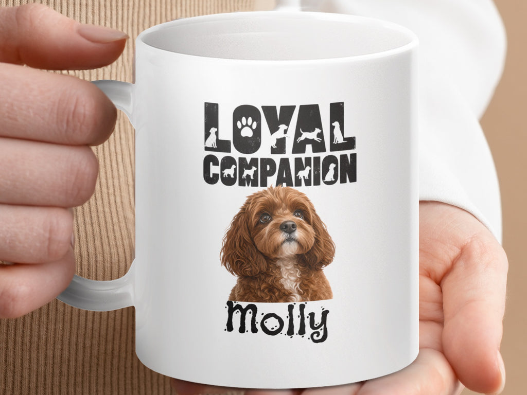 White mug with image of dog and text "LOYAL COMPANION" and "Molly".