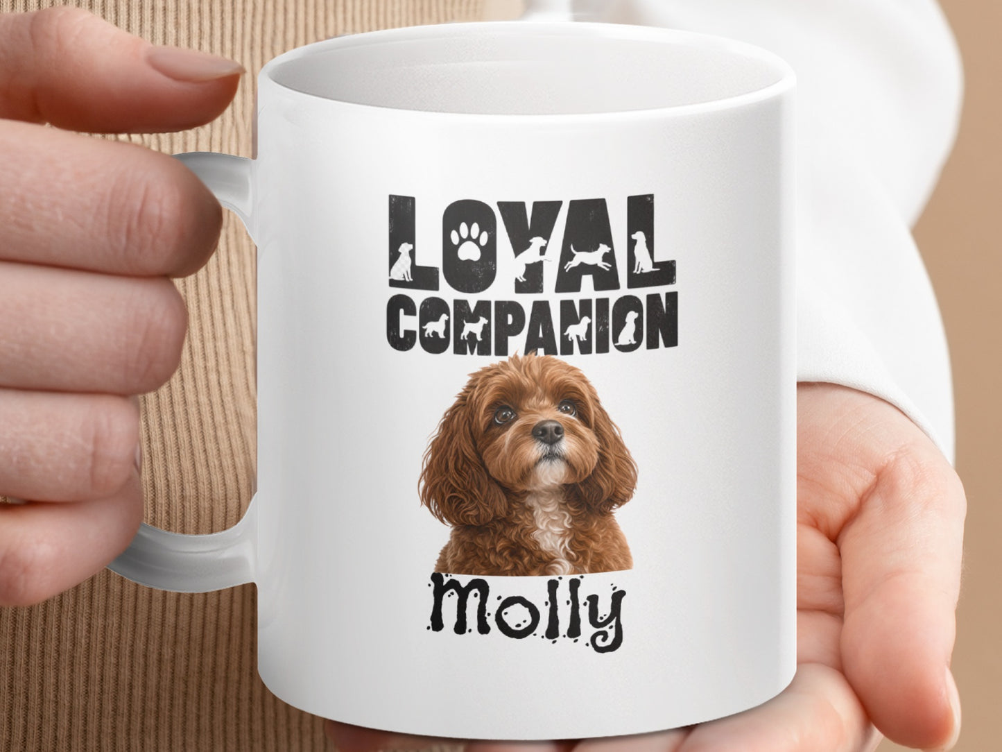White mug with image of dog and text "LOYAL COMPANION" and "Molly".