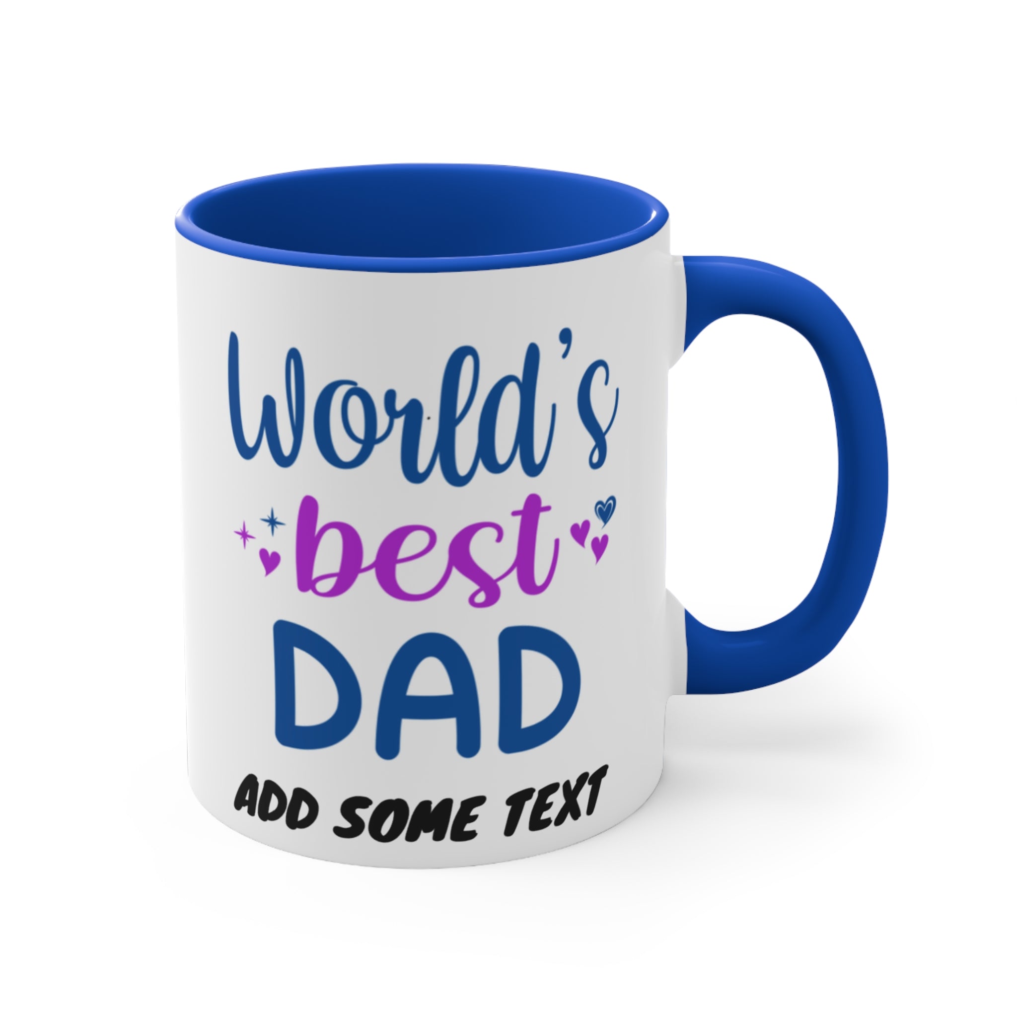 White mug with blue interior and handle, "World's best DAD" text.