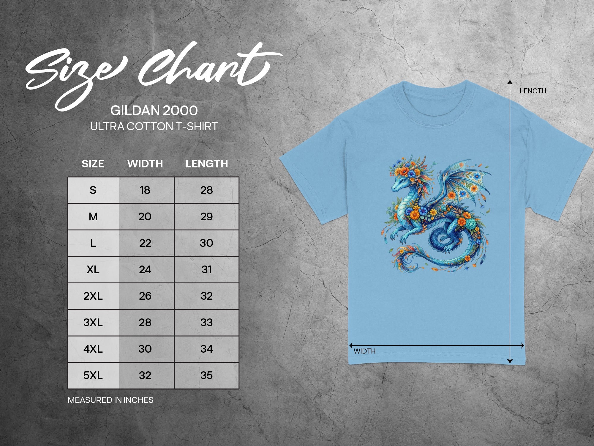 Size chart for Gildan 2000 Ultra Cotton T-Shirt, featuring a dragon graphic.