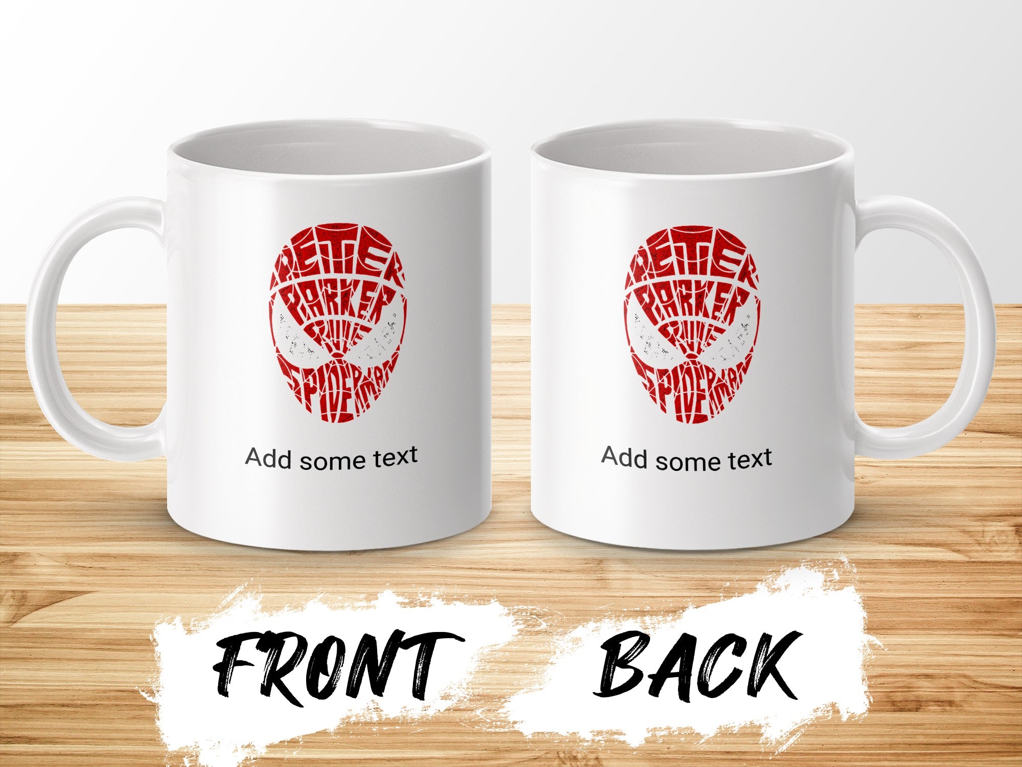 White coffee mugs with Spider-Man mask design, showing "FRONT" and "BACK" text.