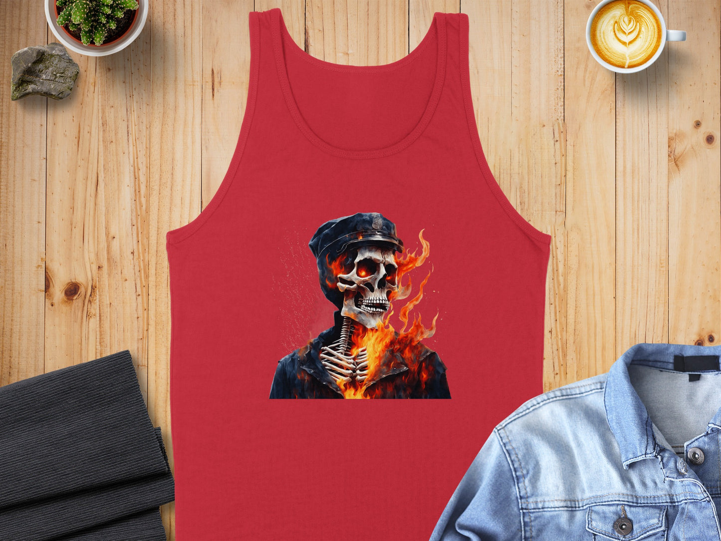 Flaming Skeleton in Military Uniform Graphic Tank Top