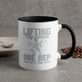 White mug with black rim, skeleton lifting weights, "Lifting My Spirits ONE REP AT A TIME".