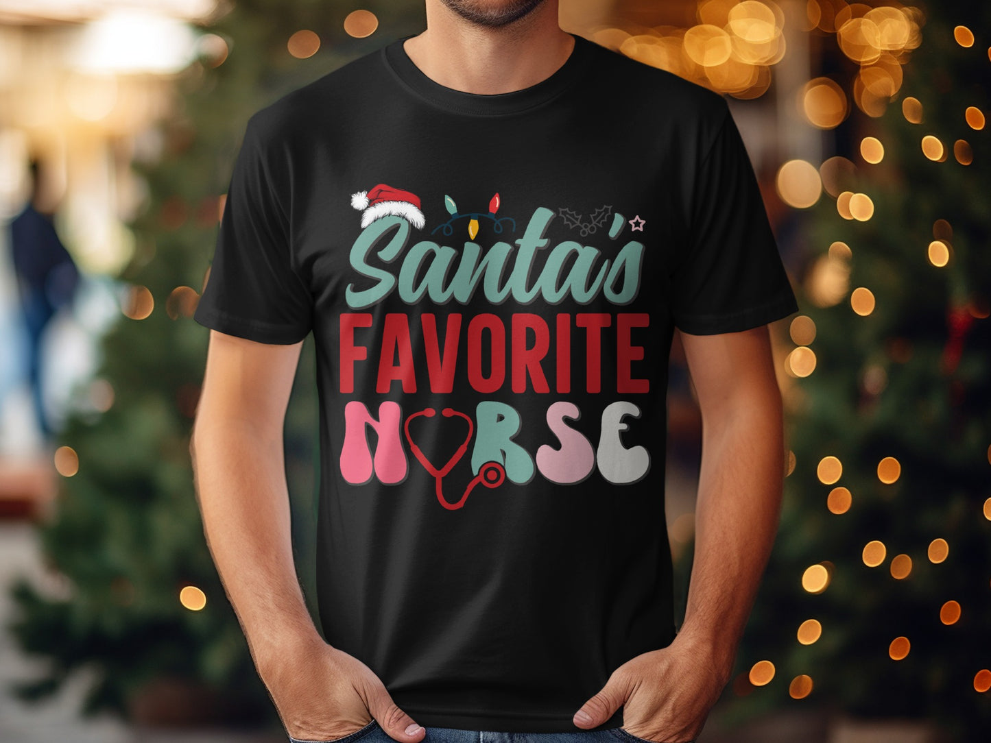 Santas Favorite Nurse Festive Holiday T-Shirt