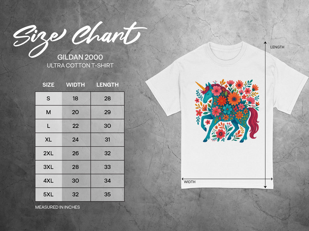 Gildan 2000 t-shirt size chart with width and length measurements in inches.